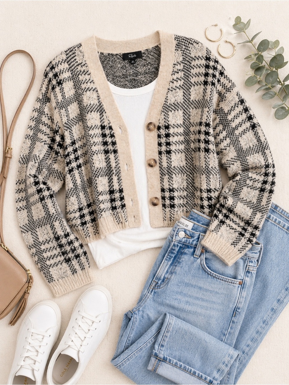 Rails Plaid Cropped Cardigan XS Beige Black Button Front Cozy Knit